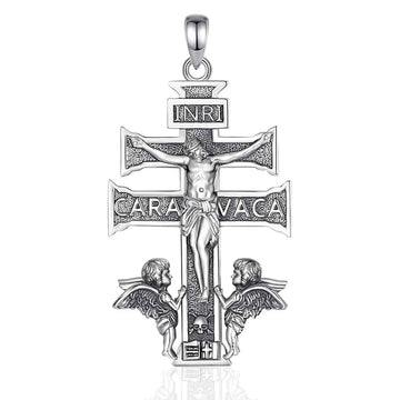 Silver Caravaca Cross Necklace with INRI Pendant Only Xenos Jewelry