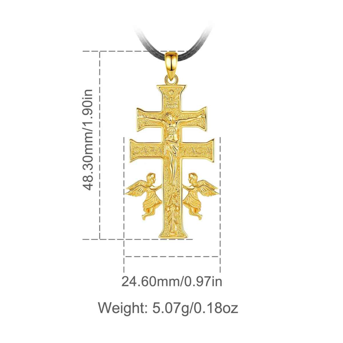 18K Gold Plated Silver Caravaca Cross Necklace with Angel and Mary Dimensions and Weight Xenos Jewelry