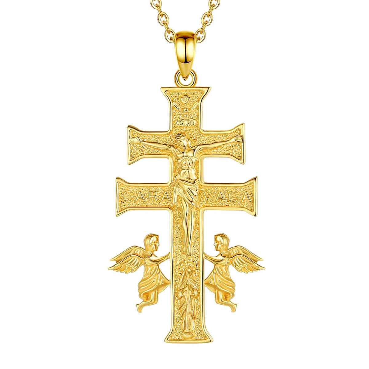 18K Gold Plated Silver Caravaca Cross Necklace with Angel and Mary with 18inch Chain Xenos Jewelry