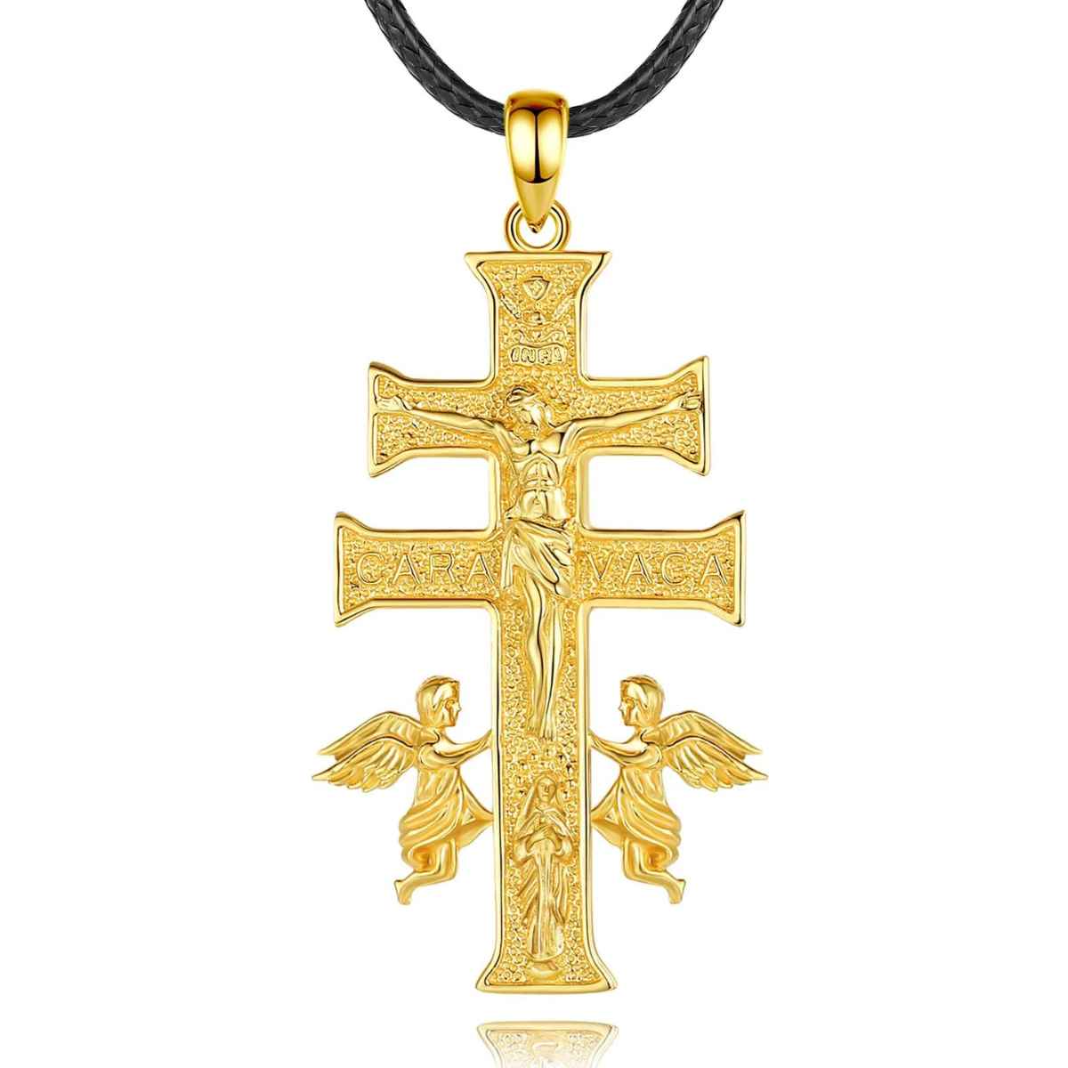 18K Gold Plated Silver Caravaca Cross Necklace with Angel and Mary with 24inch Rope Xenos Jewelry