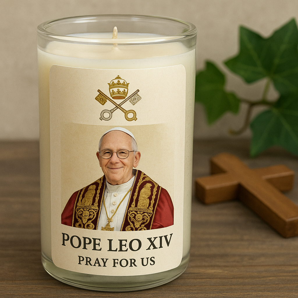Pope Leo XIV Devotional Glass Candle – 5”H x 3.5”W