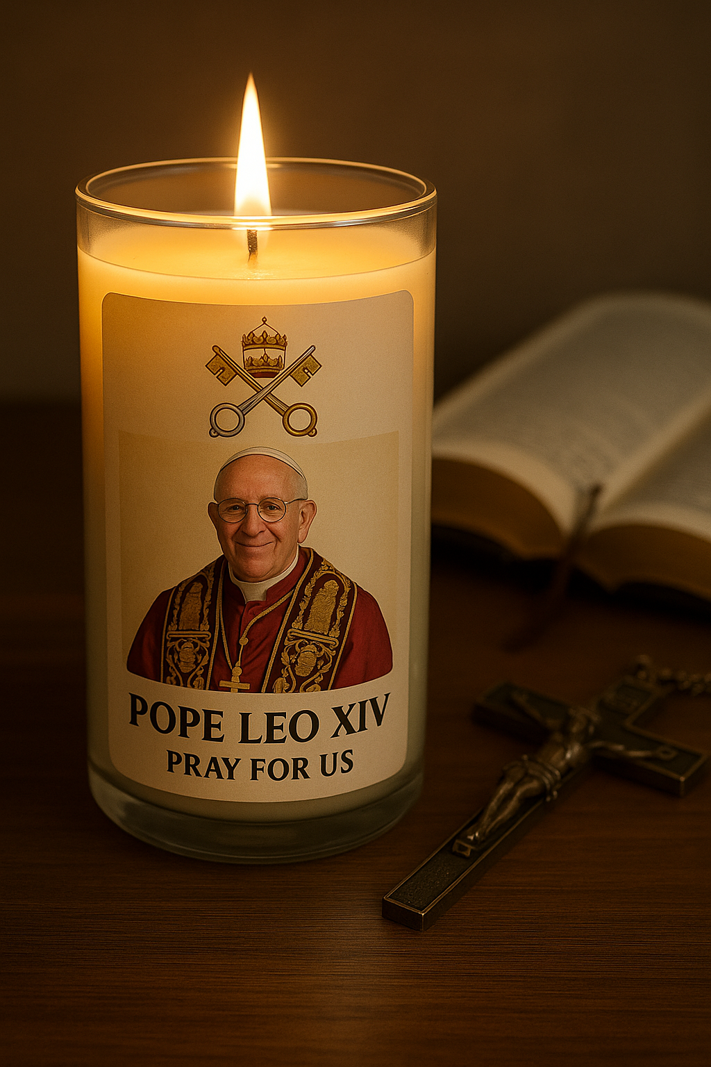 Pope Leo XIV Devotional Glass Candle – 5”H x 3.5”W