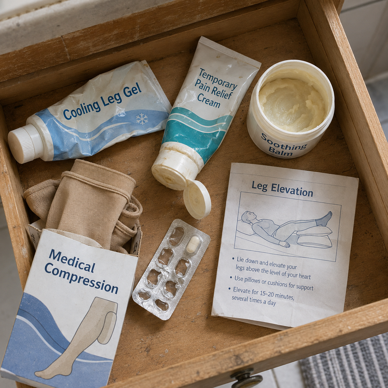 Drawer containing discarded generic balm jars, compression socks and ordinary cooling gels