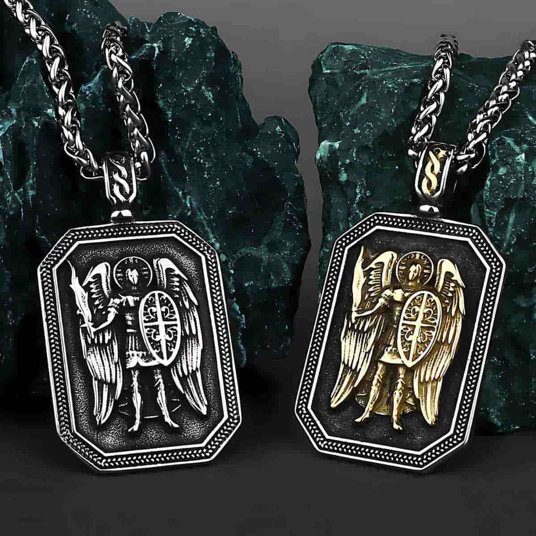 Saint Michael Medallion Pendant Necklace Displayed on Rocks Xenos Jewelry