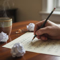 close up of a hand writing lyrics of a song on the song sheet with pencil. Make it ultra-realistic. Coffee cup on the table beside the song sheet. Crumpled paper can be seen on the table.