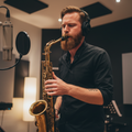 close up of white saxophonist with beard playing the sax in a studio