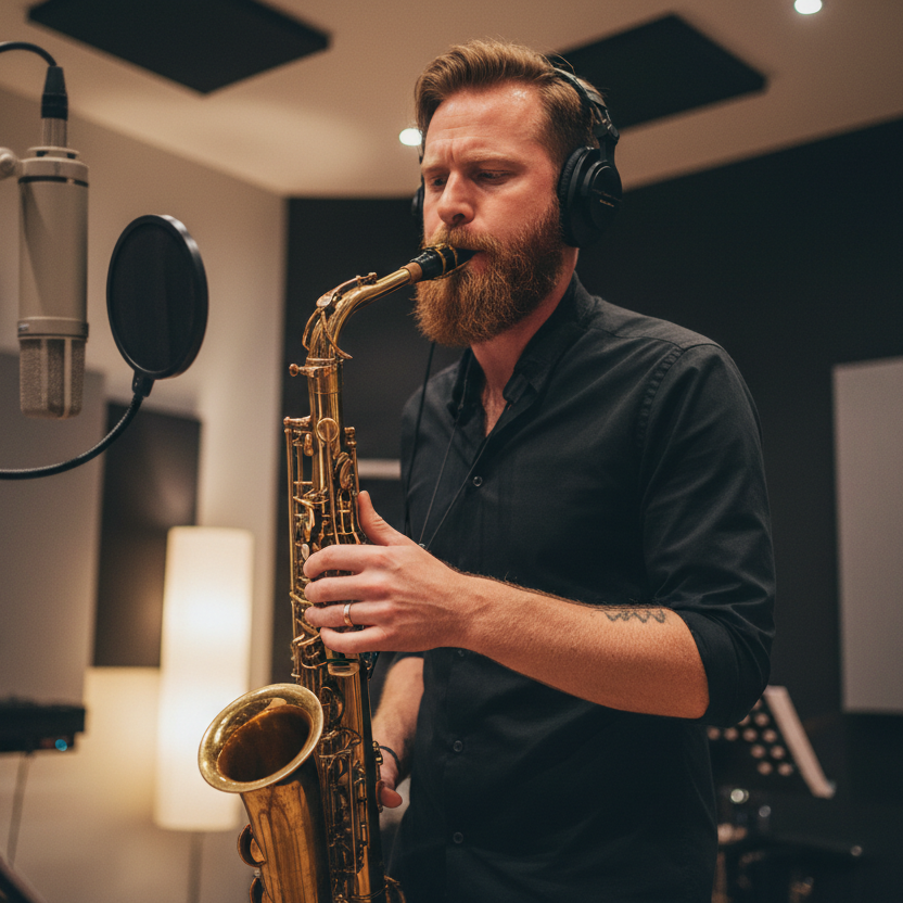 close up of white saxophonist with beard playing the sax in a studio