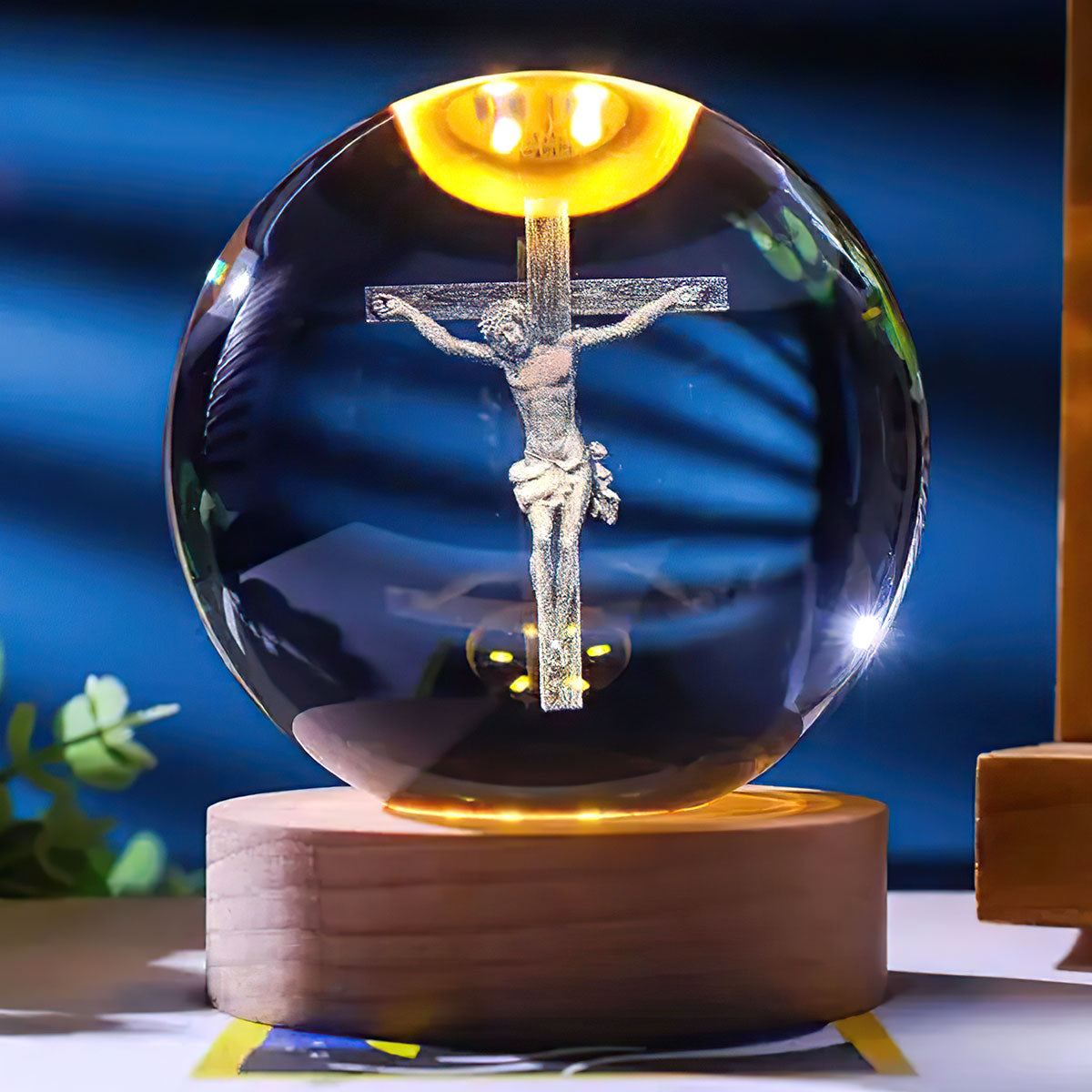 3D Jesus Engraved Wooden Base Crystal Globe