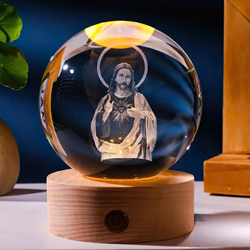 3D Sacred Heart of Jesus Christ Wooden Base Crystal Globe