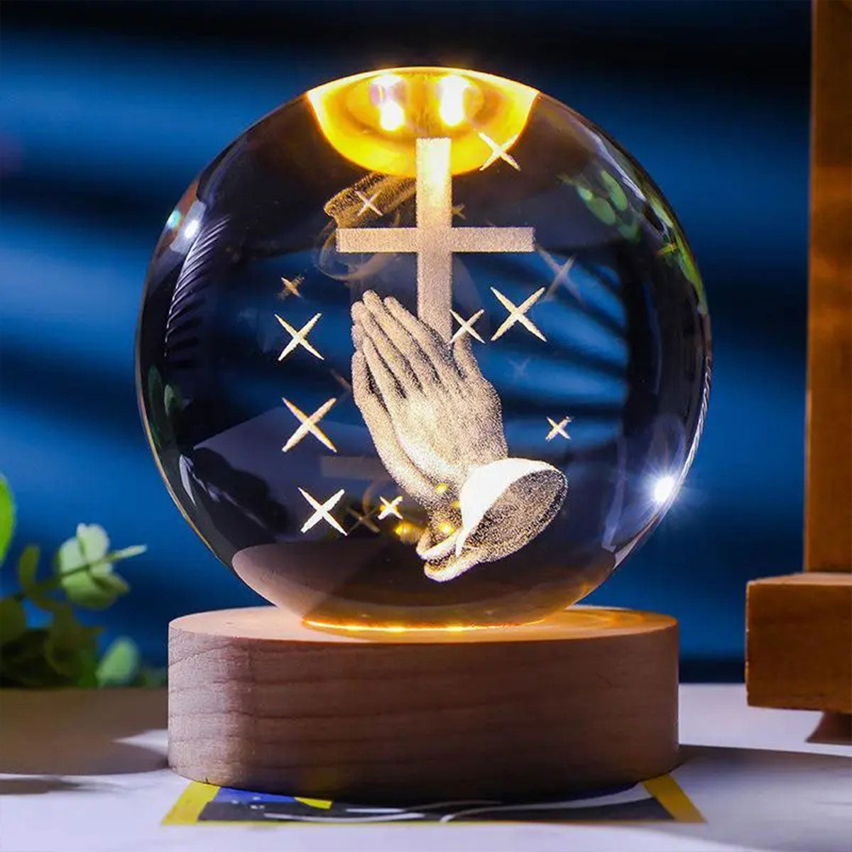 3D Praying Hands Wooden Base Crystal Globe