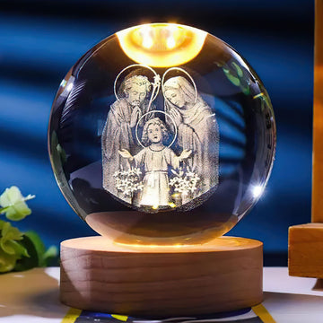 3D Catholic Holy Family Wooden Base Crystal Globe